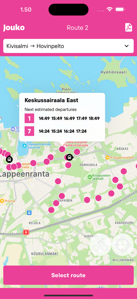 Jouko - Jouko app map showing bus stop locations and estimated departure times