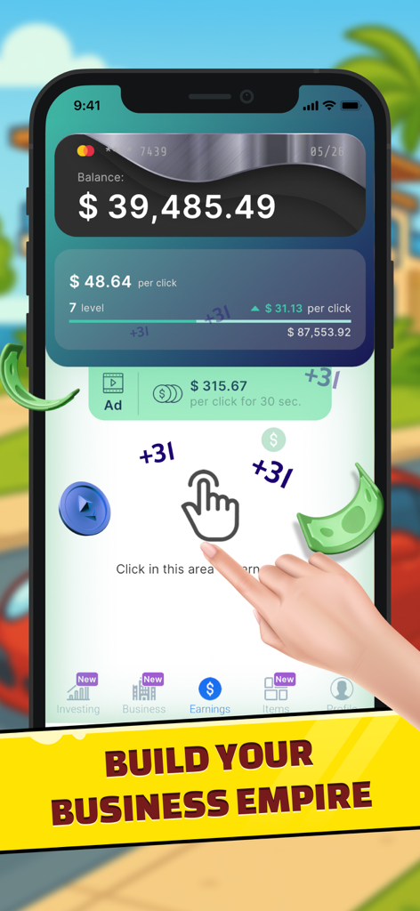 Una captura de pantalla de Business Empire RichMan que muestra la pantalla de ganancias con una función de toque para ganar