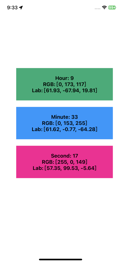 A screen displaying RGB and Lab color coordinates mapped to hour minute and second values