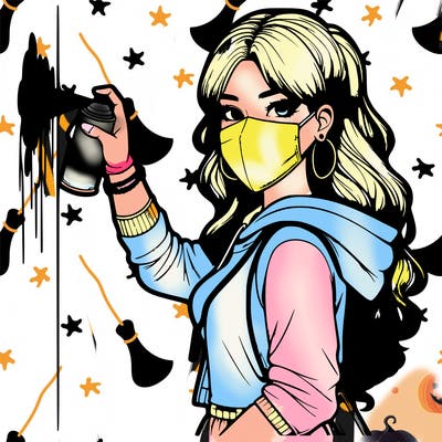 realistic girl with mask spray painting a wall
