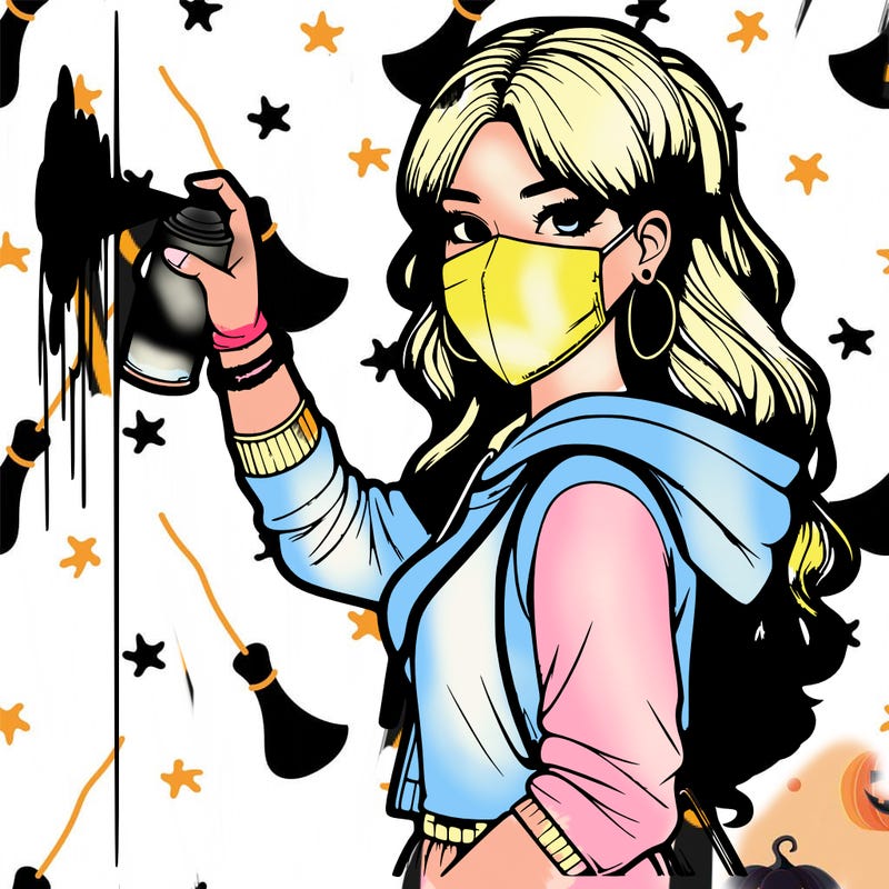 realistic girl with mask spray painting a wall