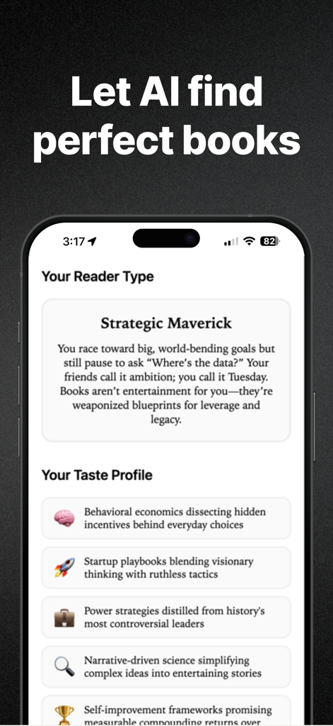 Interfaccia dell'app SoBrief che mostra un tipo di lettore Strategic Maverick e un profilo di gusti di libri basato sull'IA.