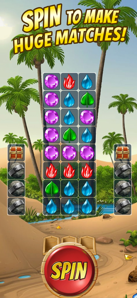 Cascade Gem & Jewel Adventure - Cascade Gem and Jewel Adventure game screen showing the spin mechanic and match-three puzzle board in a tropical setting.