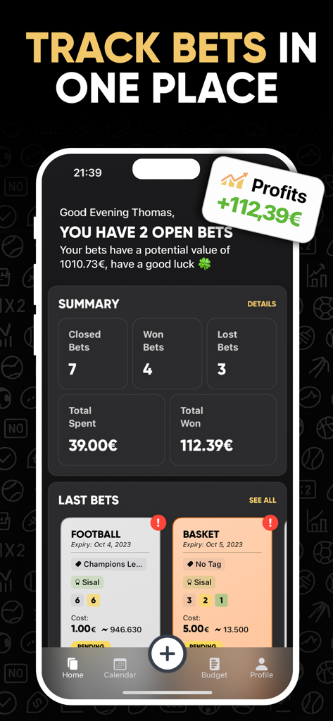 Schermata principale dell'app Betty per il monitoraggio delle scommesse sportive che mostra il riepilogo del profitto e le scommesse recenti di calcio e basket