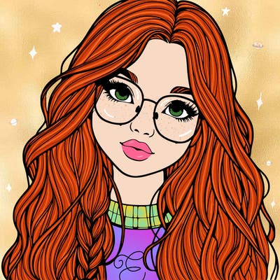 girl with long hair and freckles and glasses realistic