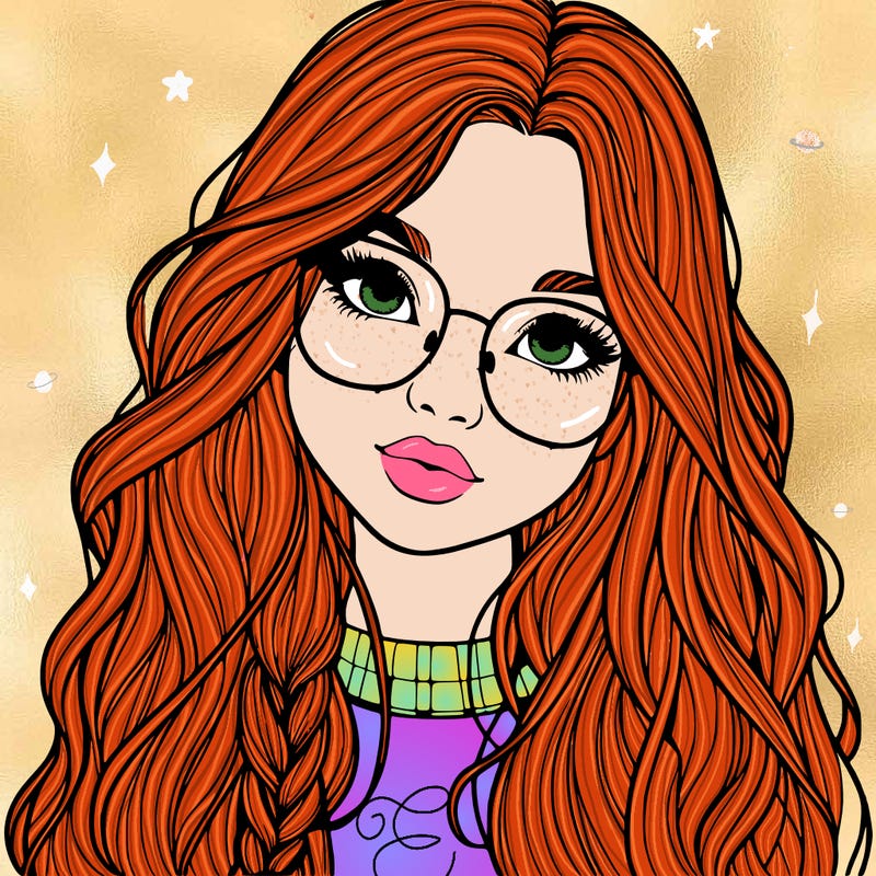 girl with long hair and freckles and glasses realistic
