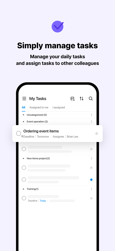 LINE WORKS: Team Communication - A mobile screen showing the LINE WORKS task management feature for organizing daily work and assigning tasks to colleagues