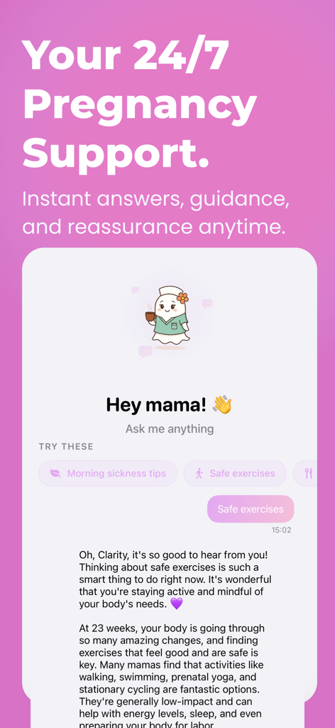 Pregnancy Food: PregnancyPlate - 임산부를 위한 안전한 운동에 대한 지침을 보여주는 PregnancyPlate AI 어시스턴트 채팅 인터페이스.