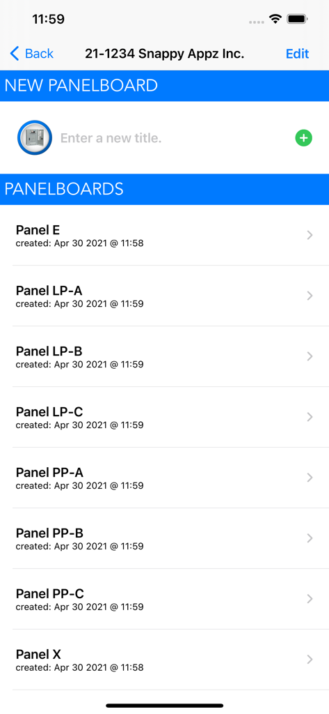 Panel Legend 2 - Vista del panel de control de leyendas de paneles eléctricos guardadas en la aplicación Panel Legend 2