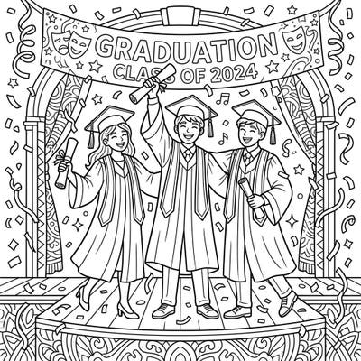 Capture the excitement of academic achievement and theatrical dreams with this joyful coloring page featuring three talented stage actors celebrating their graduation. Dressed in caps and gowns, they proudly display their diplomas amidst a shower of festive confetti and a celebratory banner.