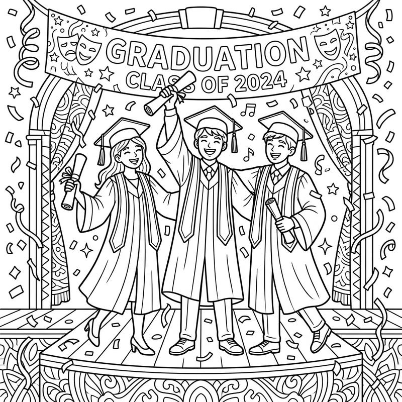 Capture the excitement of academic achievement and theatrical dreams with this joyful coloring page featuring three talented stage actors celebrating their graduation. Dressed in caps and gowns, they proudly display their diplomas amidst a shower of festive confetti and a celebratory banner.