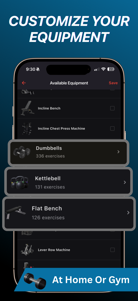 Interface de l'application FitBeast montrant les options de personnalisation de l'équipement d'entraînement disponible pour les séances à domicile ou à la salle de sport