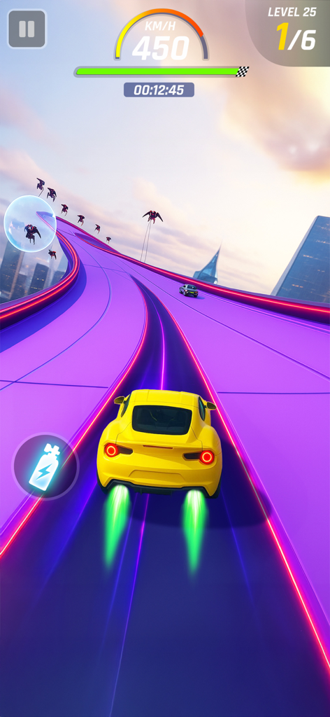 Car Racing 3D: Race Master - Um super carro amarelo correndo em uma pista de neon roxa com escape de nitro verde em Car Racing 3D Race Master