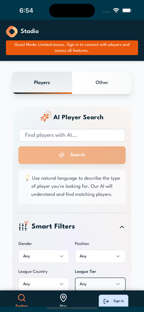Interface of the Stadio Social app showing AI-powered player search and smart recruitment filters.