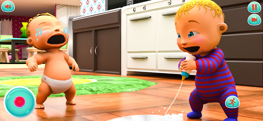 Baby Twins Prank Mom Simulator - A naughty twin baby squirting milk on the kitchen floor while another baby cries