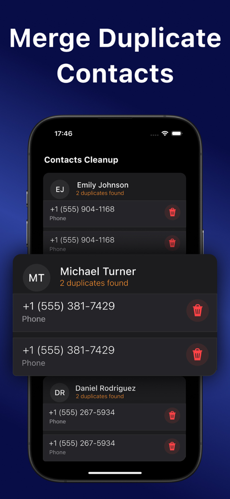 Cleaner AI - Clean Up Storage - Smartphone screen showing the merge duplicate contacts feature in the Cleaner AI storage app