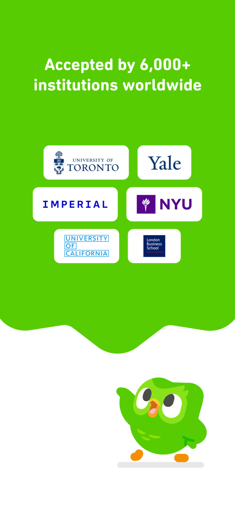 Gráfico que muestra que el Duolingo English Test es aceptado por más de 6000 instituciones, incluidas Yale y NYU