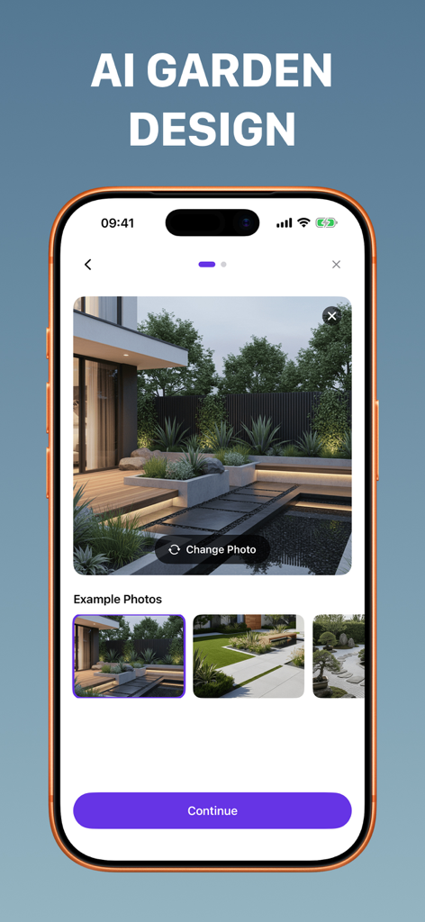 Home AI: Interior Design - モダンな裏庭の視覚化を備えたAIガーデンデザイン機能を示すHome AIアプリのインターフェイス
