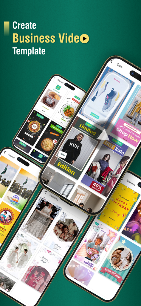 Mobile screens displaying various business video and poster templates for festivals, sales, and events.