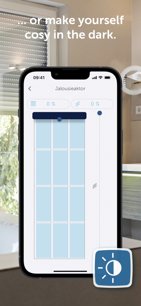 Homematic IP - Interface of the Homematic IP app showing controls for adjusting smart window blinds and shutters.