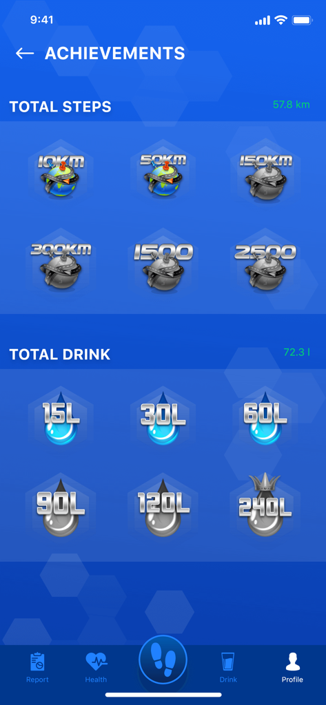 Pedometer: Step counter - Achievements screen in the pedometer app displaying milestones for total steps and water intake