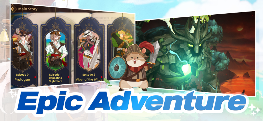 Fortress Saga game screen featuring character story cards a cute hamster knight and a giant tree monster under the title Epic Adventure