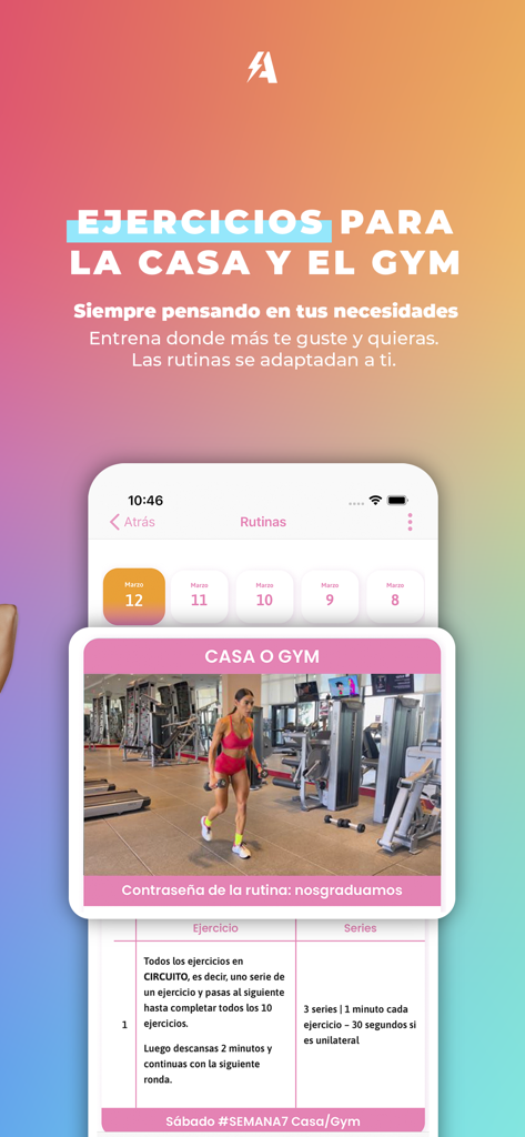 MuyAndreFit - MuyAndreFit mobile app interface displaying workout routines for home and gym in Spanish with an elite personal trainer