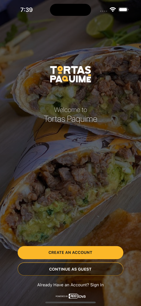 Tortas Paquime - Tortas Paquime app welcome screen with options to create an account or continue as guest