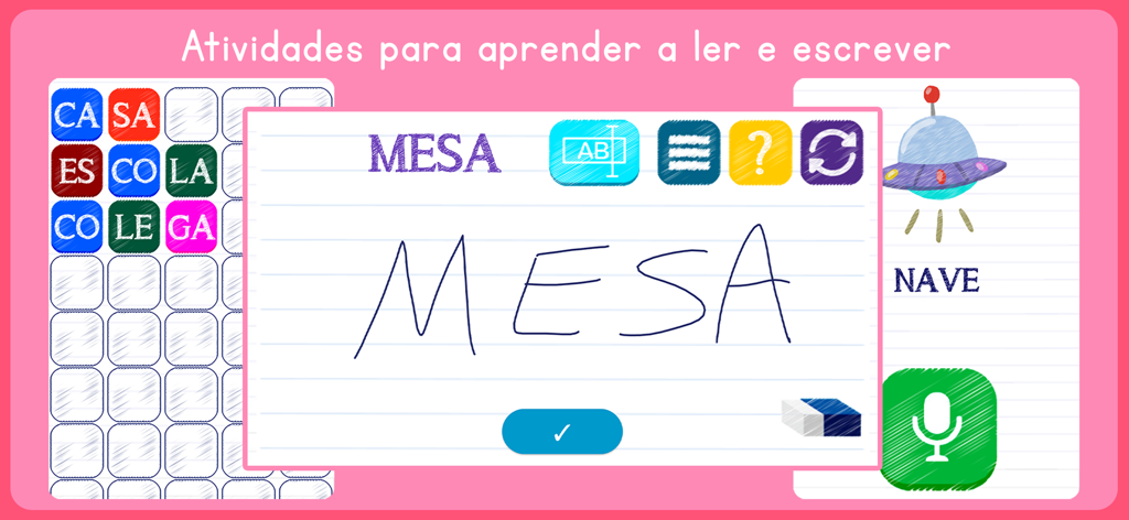 Silabando - Un ejercicio de escritura digital en la aplicación Silabando donde la palabra MESA está escrita a mano en la pantalla de una tableta.