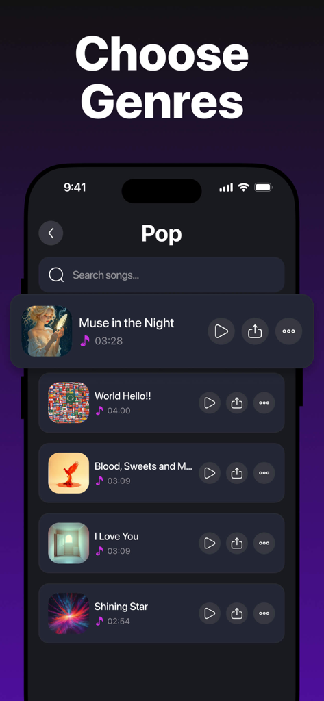 Interface of the AI Song Maker app showing a list of generated songs in the Pop genre category