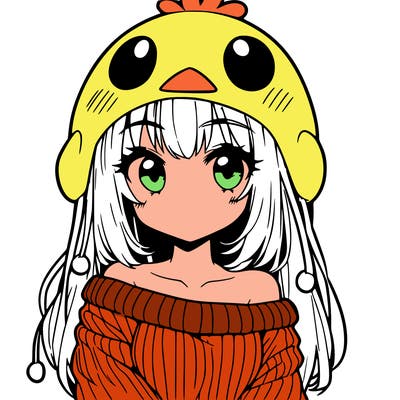 anime girl with chick shaped hat with sweater with bare shoulders with bangs covering them one eye with low tail