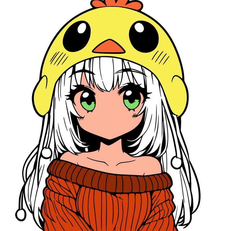 anime girl with chick shaped hat with sweater with bare shoulders with bangs covering them one eye with low tail