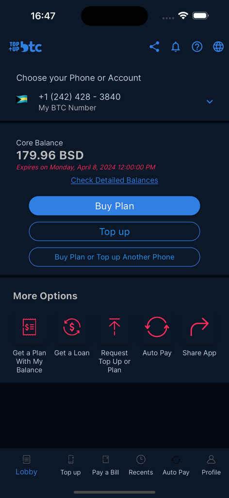 Topup BTC - Topup BTC app interface showing mobile account balance and recharge options for Caribbean telecommunications