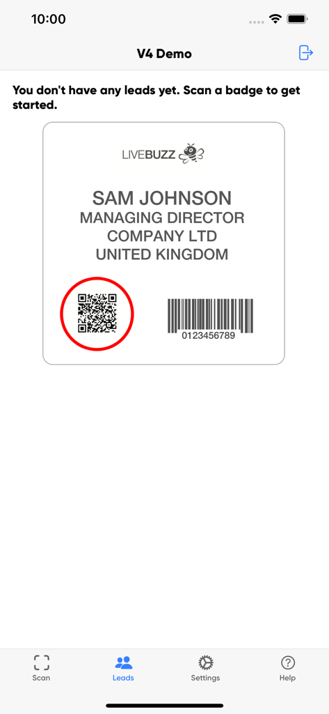 SmartScan app interface showing a demo event badge with a QR code for lead scanning.