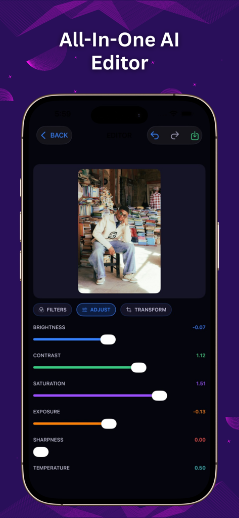 AI Photo Video Editor - Interfaz de la aplicación AI Photo Video Editor mostrando controles deslizantes para brillo, contraste y saturación en una foto de retrato