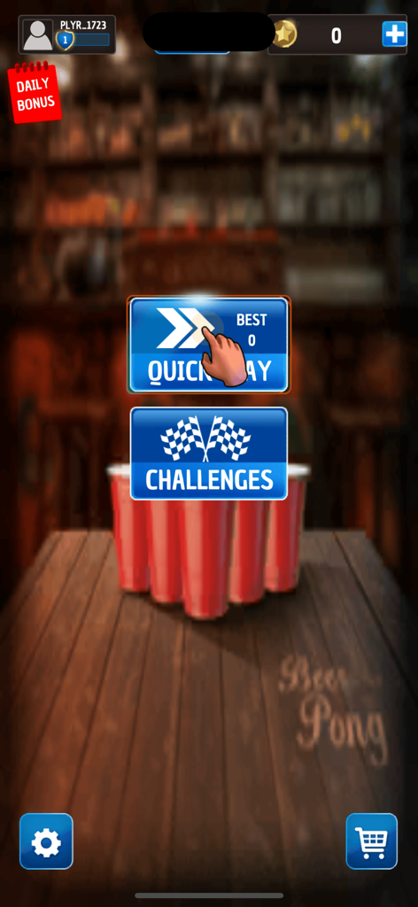 Main menu screen of the Beer Pong Trickshot game showing options for Quick Play and Challenges modes