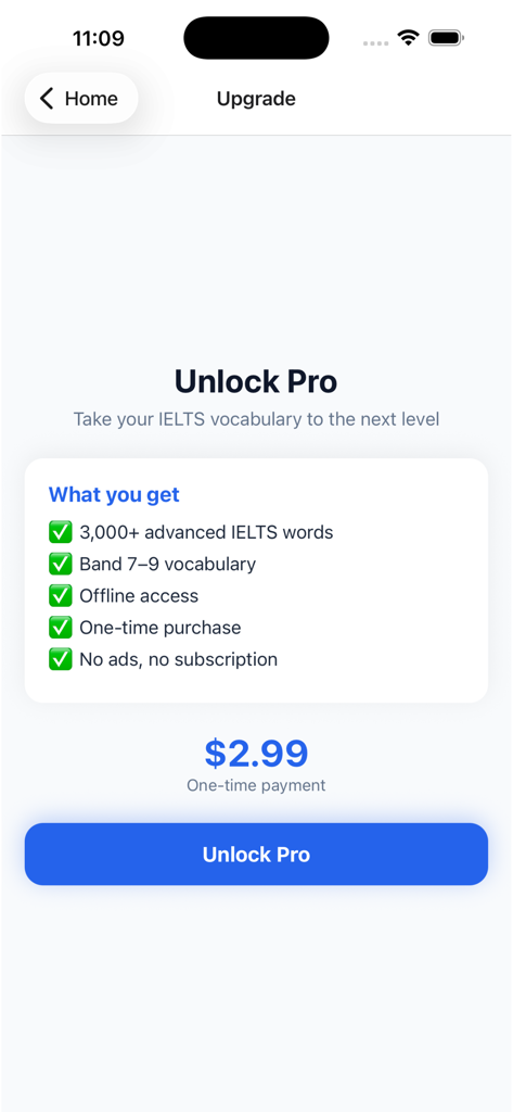 Unlock Pro screen for IELTS Vocabulary Offline app showing premium features and pricing
