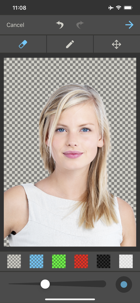 Interface de um aplicativo de foto para passaporte mostrando ferramentas de remoção e edição de fundo para uma foto de identidade