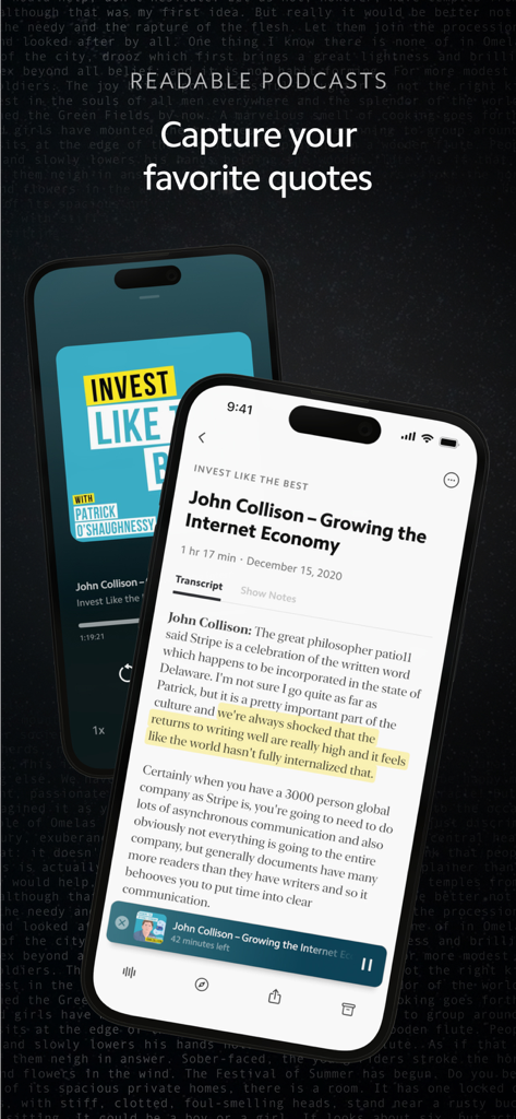 Matter: Reading App - Smartphone displaying a podcast transcript with highlighted text in the Matter app for quote capture