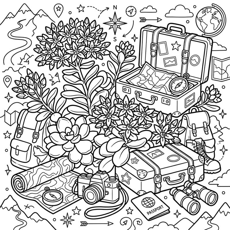 Explore a world where vibrant Sedum succulents meet exciting travel adventures. This captivating coloring page is perfect for nature lovers and wanderlusters alike, offering a unique blend of botanical beauty and globetrotting excitement.
