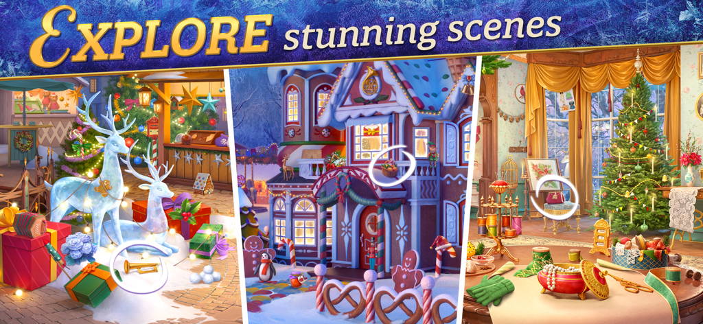Seekers Notes: Hidden Objects - Three festive holiday scenes from Seekers Notes showcasing hidden object gameplay with winter themes