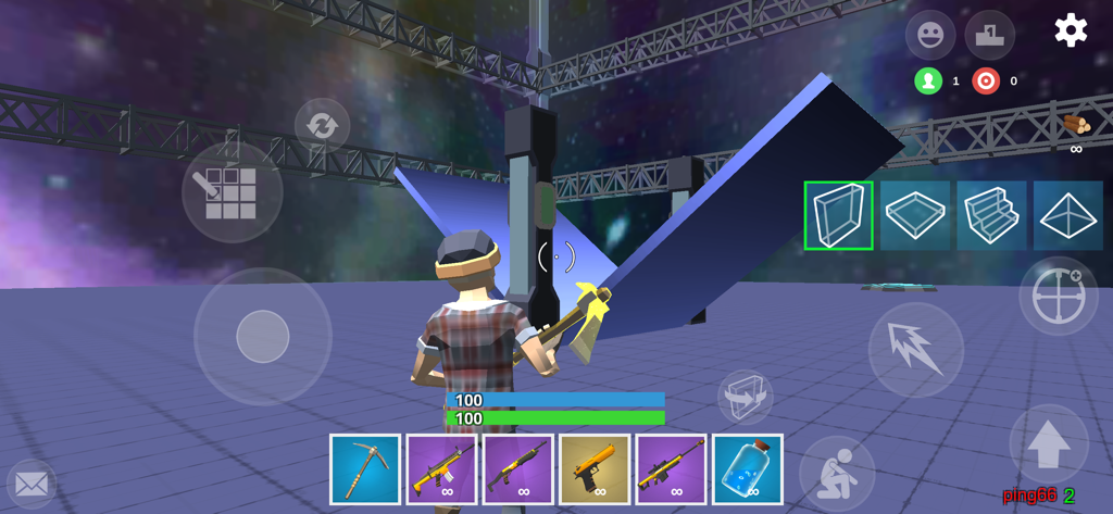 BuildNow GG - Building Shooter - BuildNow GG gameplay showing a character building ramps and walls with a weapon inventory at the bottom.