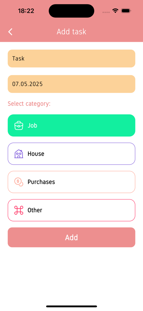 Betao app interface showing the add task screen with colorful category icons for Job House and Purchases.