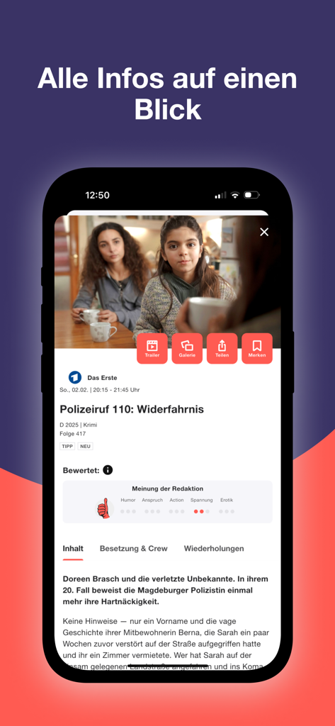 TV SPIELFILM - TV Programm - A mobile screen showing detailed information and editorial ratings for a German TV show in the TV SPIELFILM app.