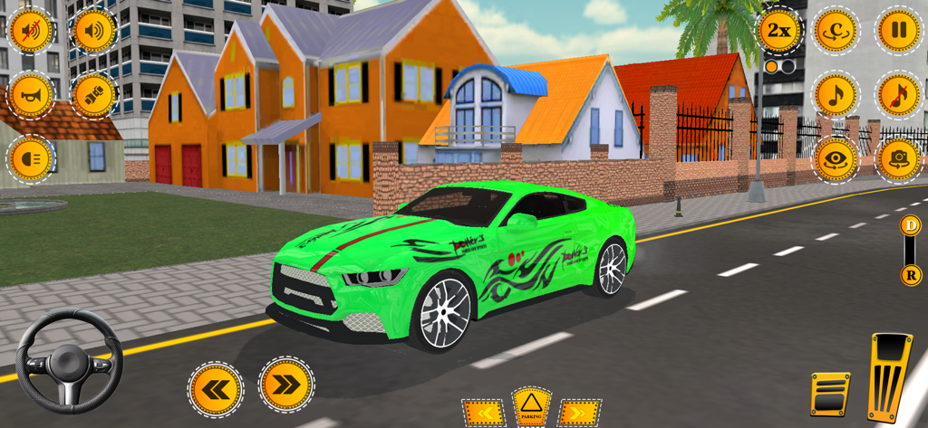 US Extreme Car Games Simulator - Un coche deportivo verde conduciendo por un barrio suburbano en 3D con controles en pantalla