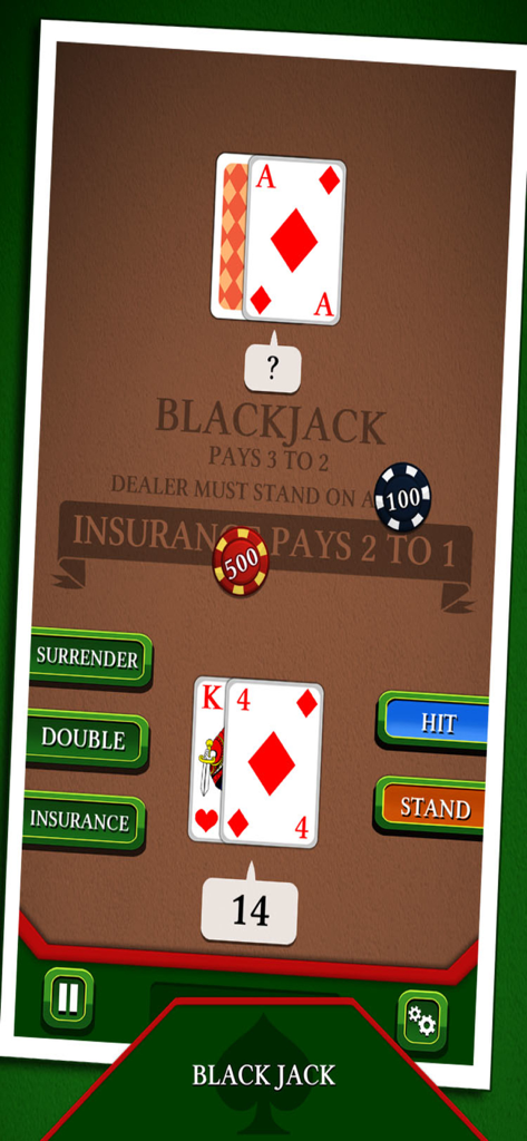 Gameplay screen of Blackjack mobile app showing dealer and player hands with hit and stand options