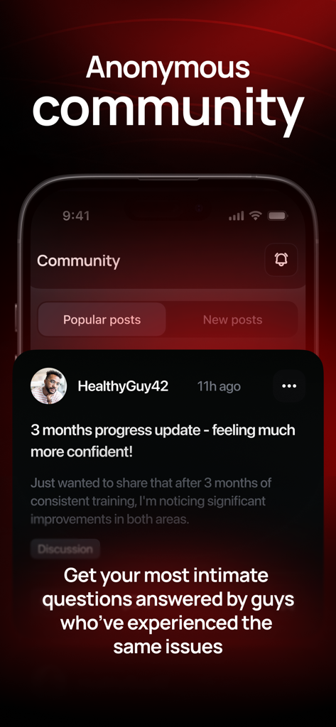 Anonymous community feature in the Stamena app where users share progress and advice for sexual health.