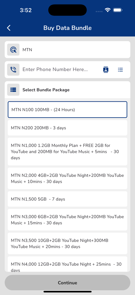 DW MFB - A mobile application screen for buying MTN data bundles with various price and duration options