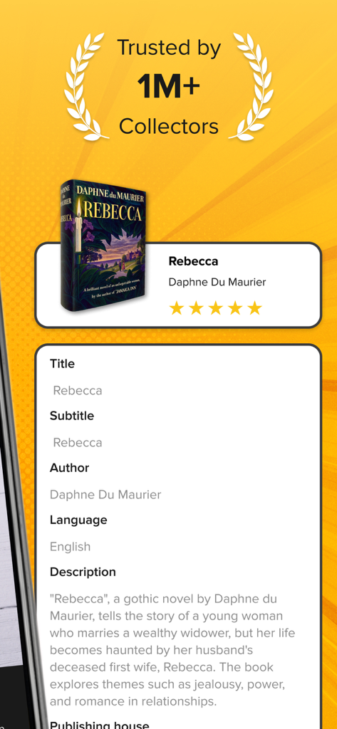 A mobile screen showing detailed book information including title, author, and description for the book Rebecca by Daphne du Maurier.