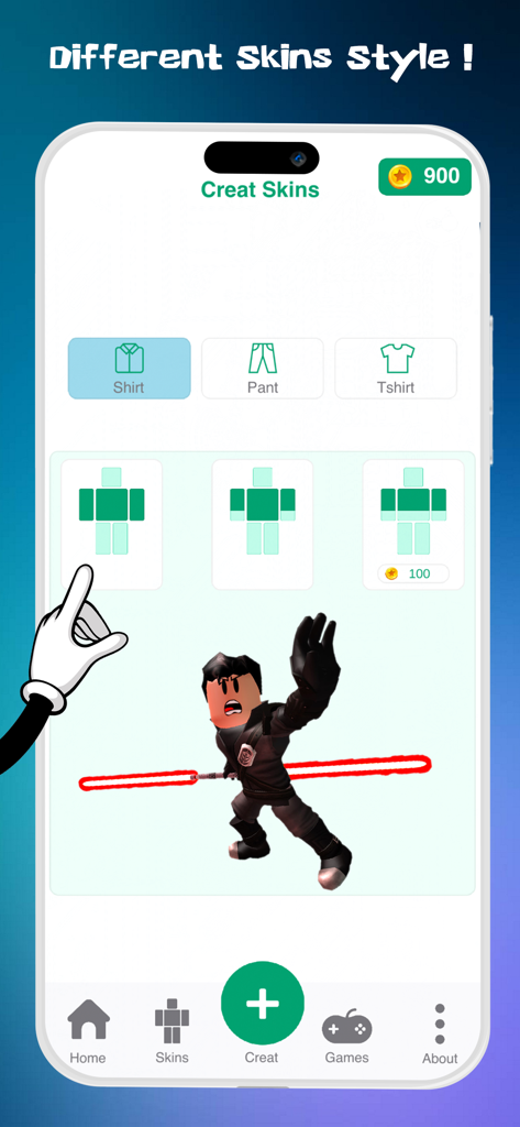 Skins For Roblox - SkiBlox - Roblox skin creator interface in SkiBlox app showing avatar customization options for shirts and pants.